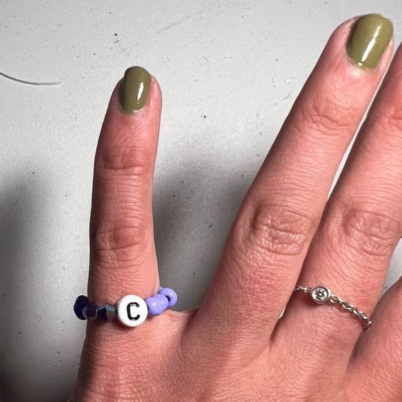 "C" LETTER CRYSTAL BEADED RING, ONE SIZE, DARK PURPLE/LAVENDER - Picture 2 of 4